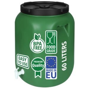 F & R Wasserkanister mit Hahn 60 Liter aus HDPE I I Regentonne mit Deckel I Kanister Hahn I Wasserbehälter mit Hahn I Wassertank I Fass mit Deckel I Regenwassertank Grün